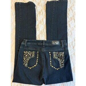 Y2K Mi-Jeans Leopard Print Rhinestone Pocket Bootcut Jeans Size 5 Dark Wash